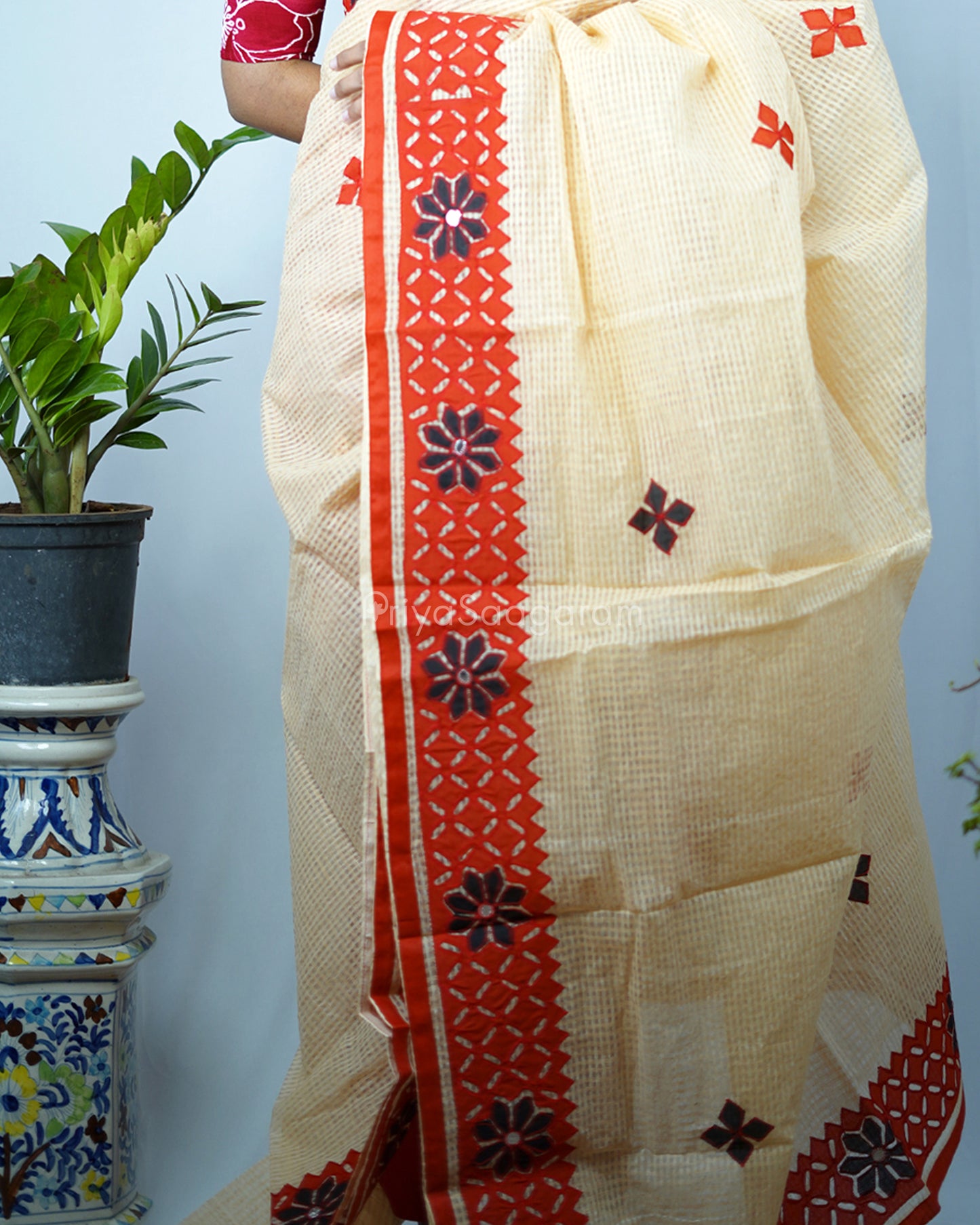 Mustard Red Applique Cotton Kota - PD1420