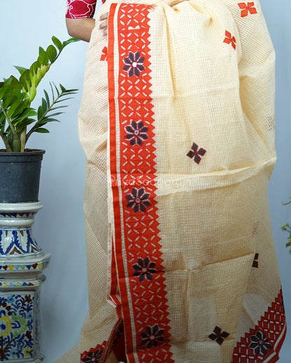 Mustard Red Applique Cotton Kota - PD1420