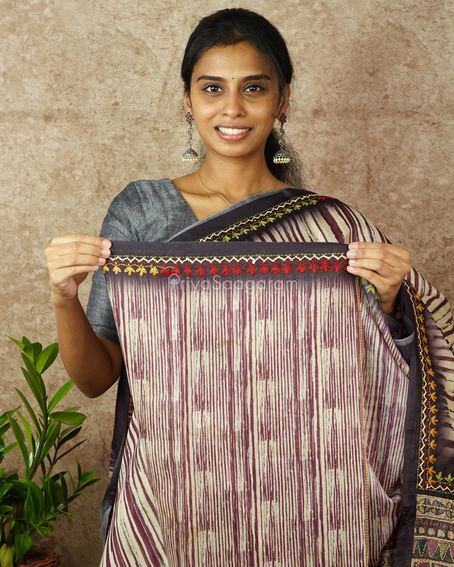 Cream Purple Embroidery Chanderi - PD714