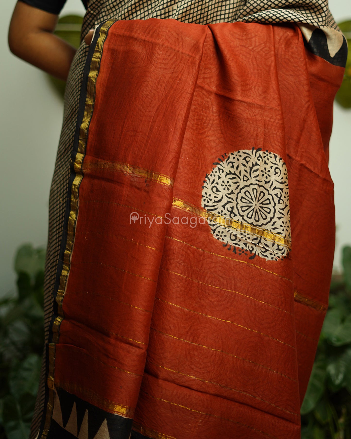 Black Checked Bagru Print Chanderi - PD363