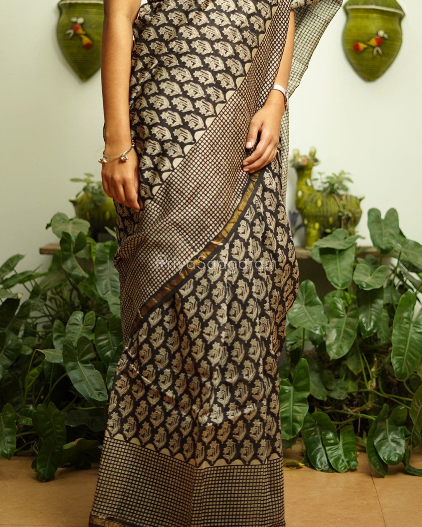 Black Floral Bagru Print Chanderi - PD365