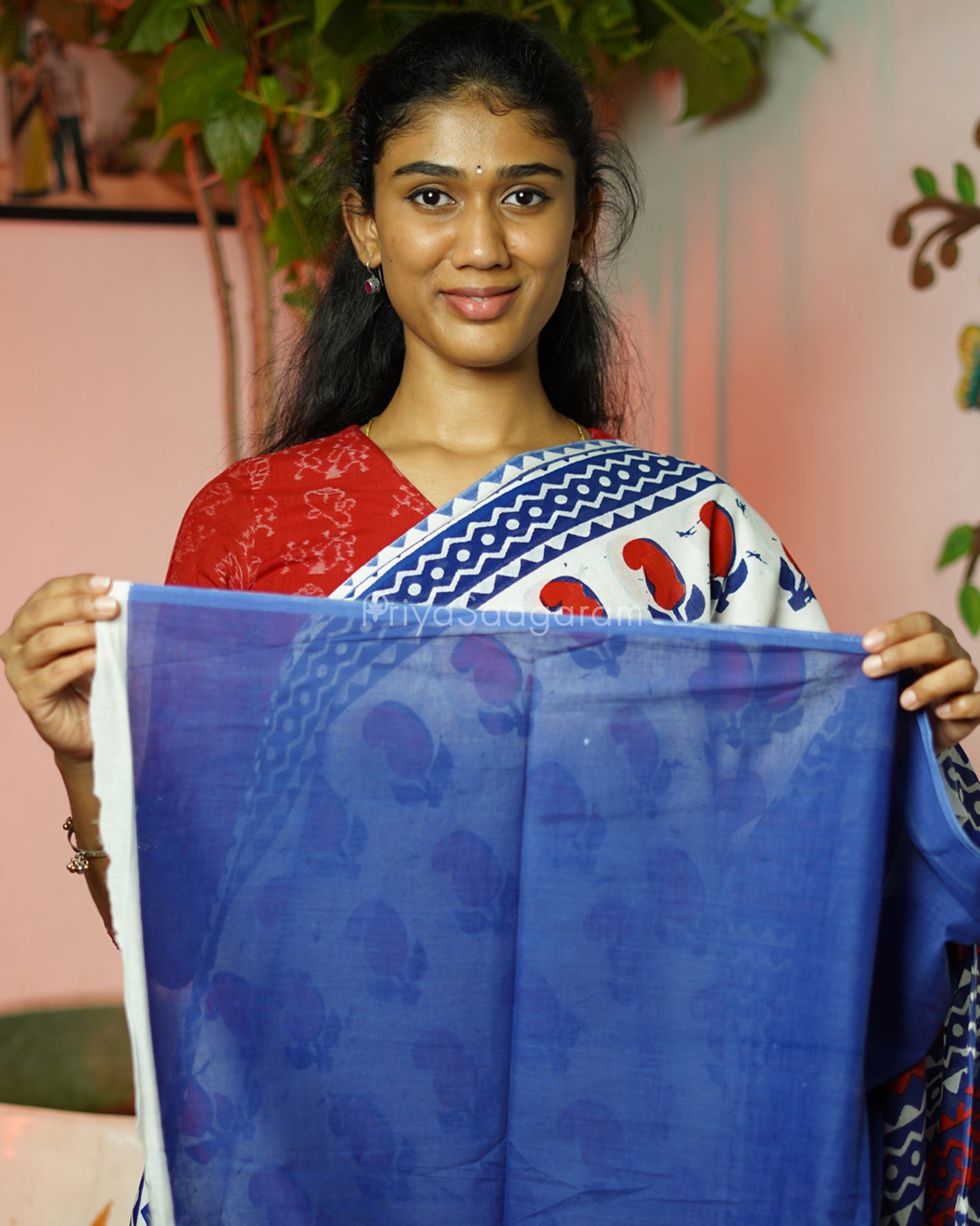 Red Blue Blockprint Pure Cotton - PC2731