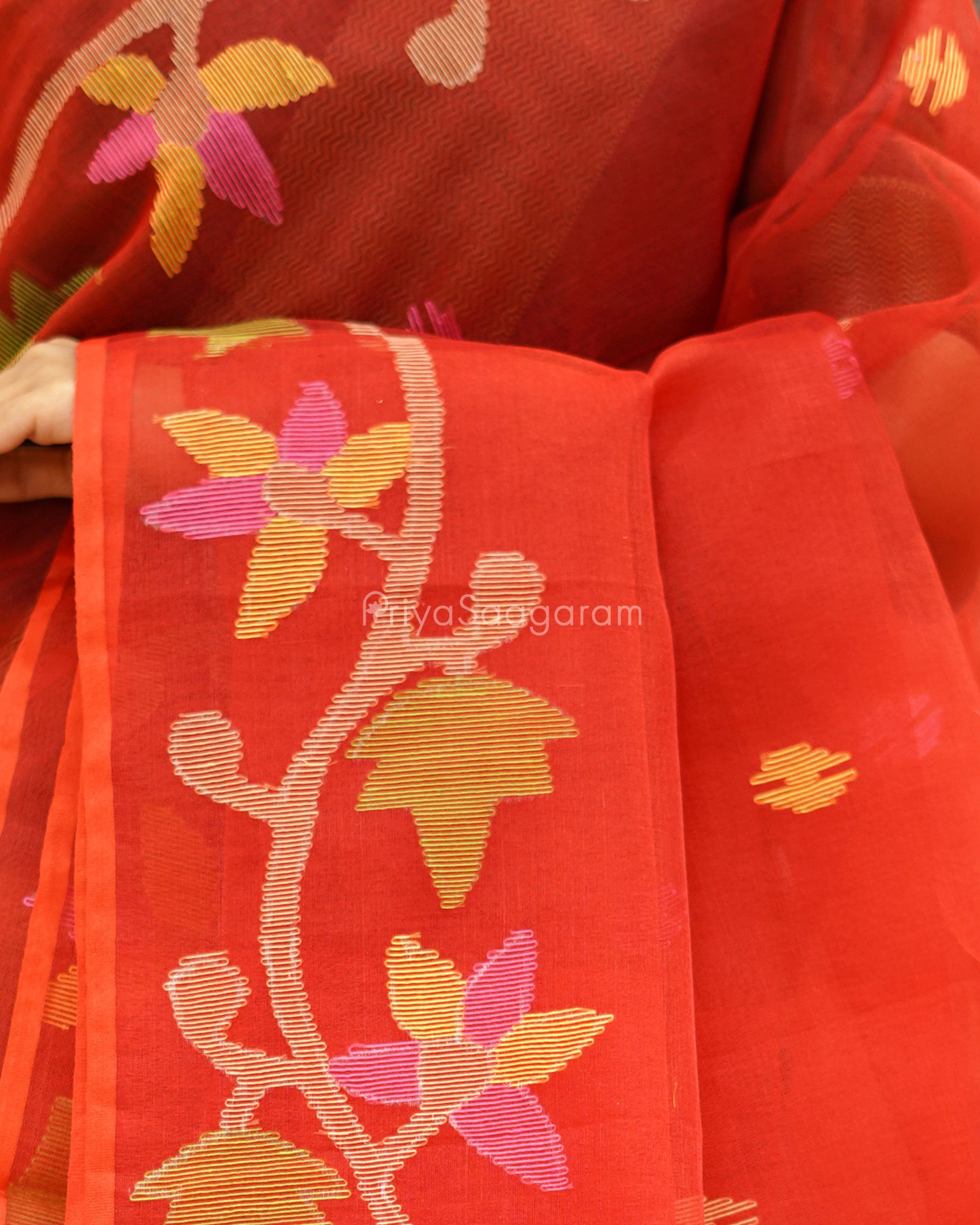 Bright Red Jamdani Muslin Organza - PD256