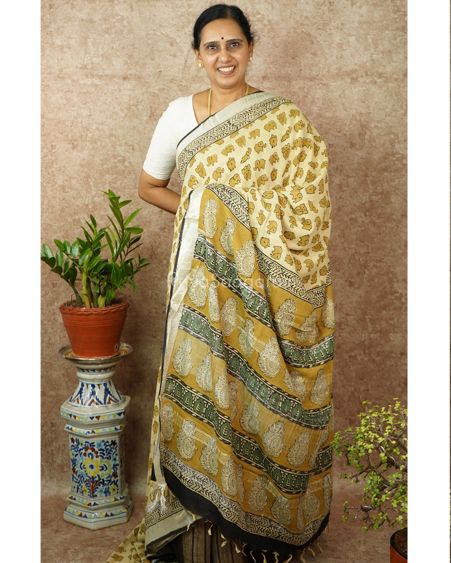 Mustard Elephant Blockprint Linen - PD275