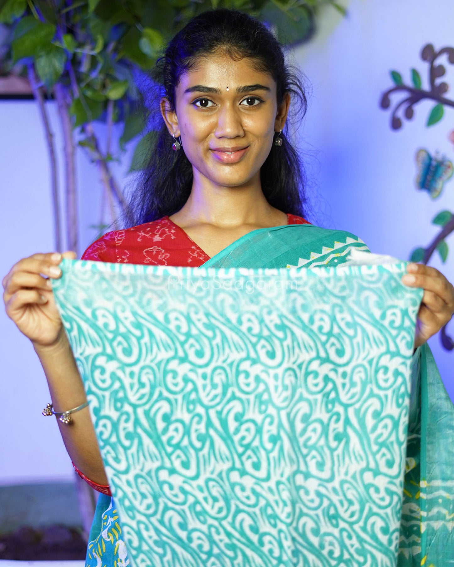 Blue Green Floral Blockprint Linen - PD267