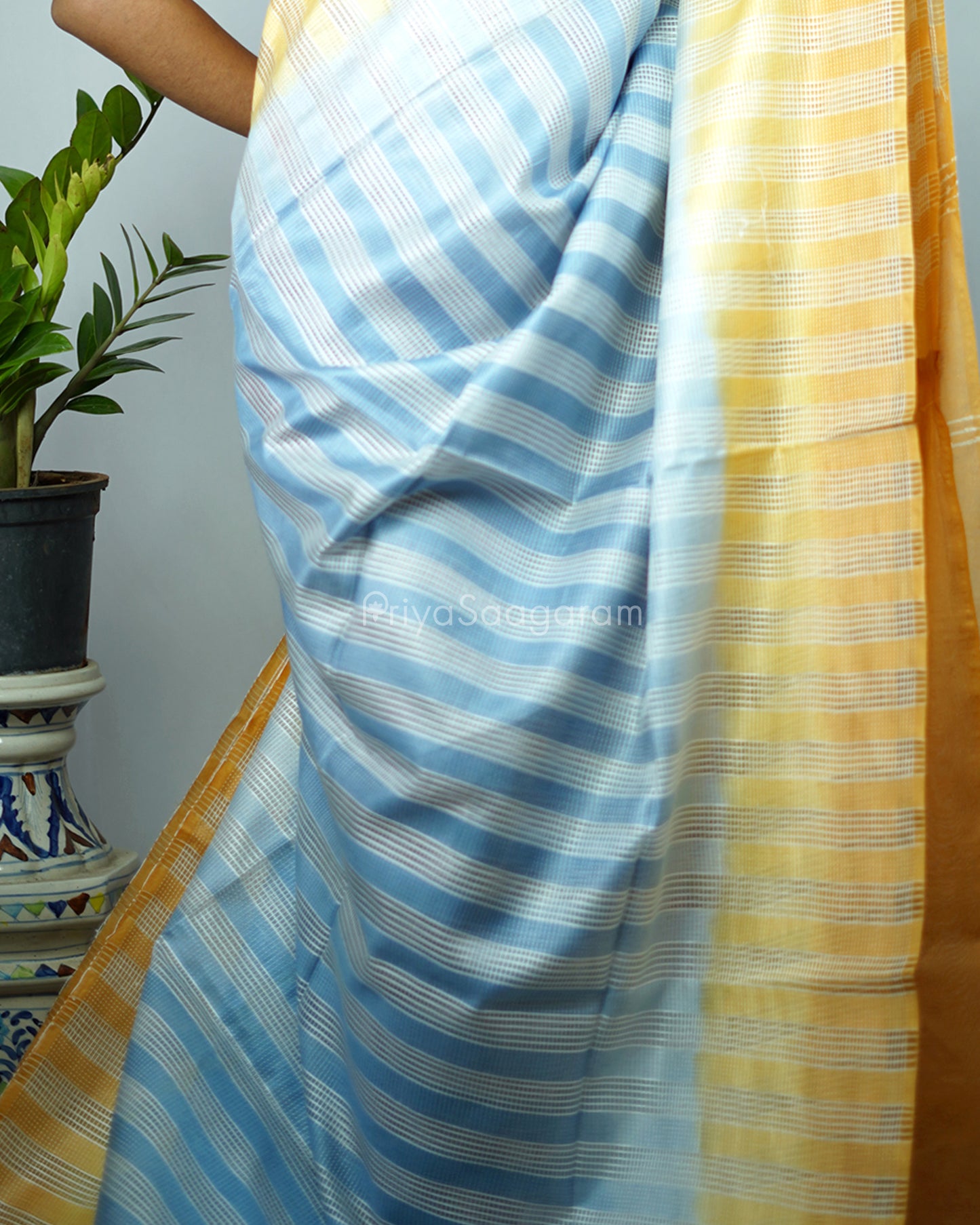 Mango Yellow and Light Blue Embroidery Tussar - PD1297