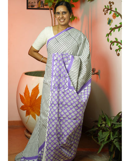 Purple Striped Blockprint Pure Cotton - PD381