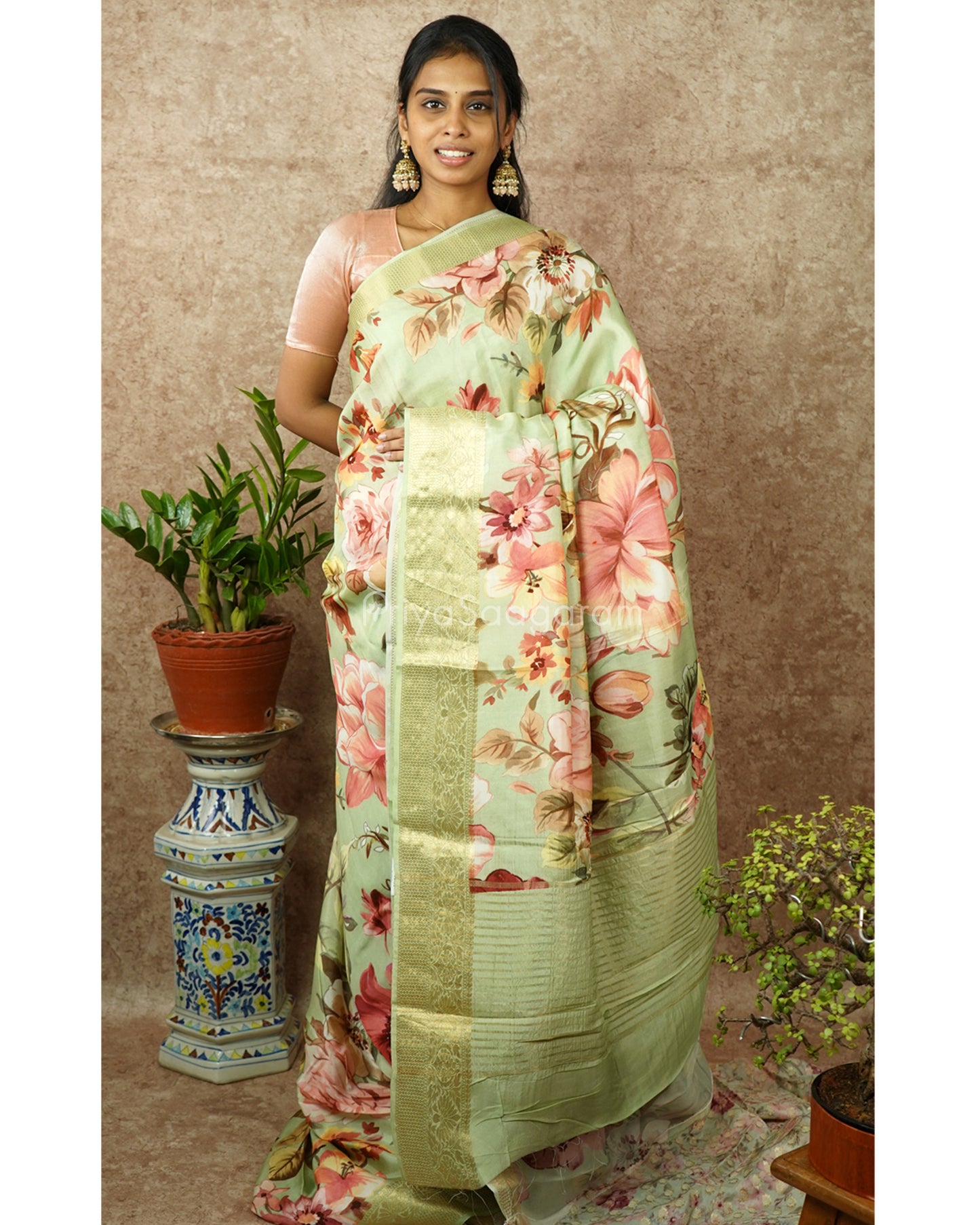Light Green Floral Chiniya Silk - PD987