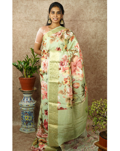 Light Green Floral Chiniya Silk - PD987