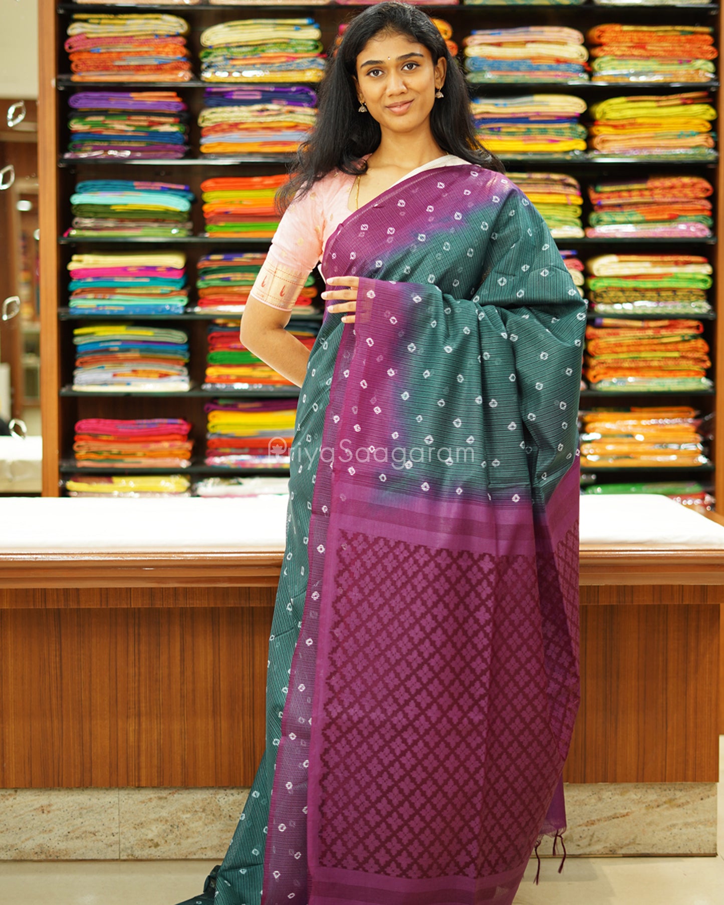 Green and Violet Bandhini Tussar Organza - PD1198