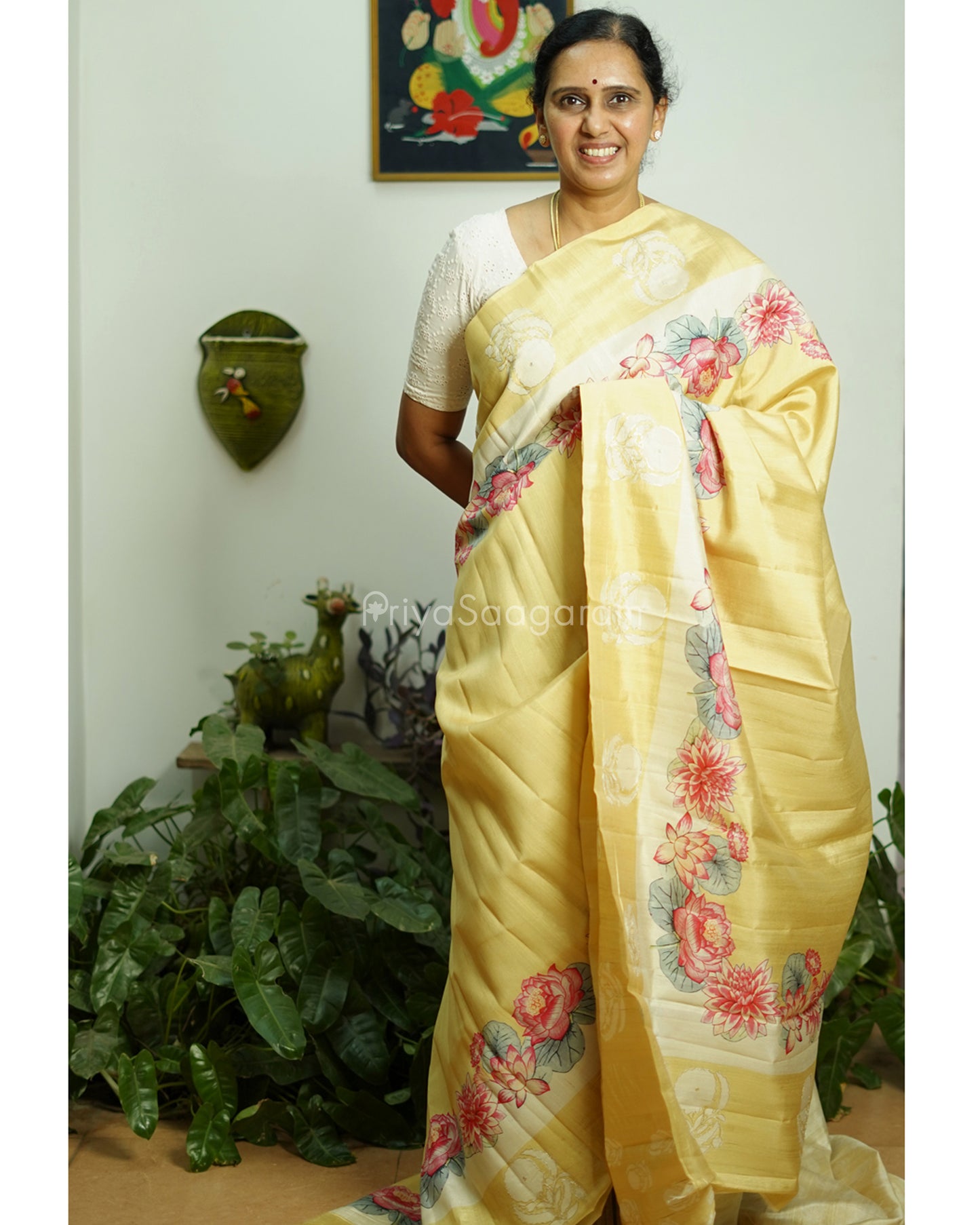 Yellow Floral Embroidery Tussar - PD807