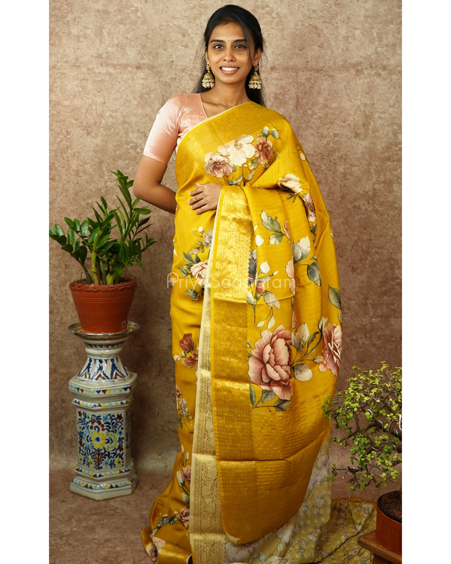 Yellow Floral Chiniya Silk - PD988