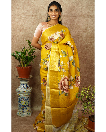 Yellow Floral Chiniya Silk - PD988