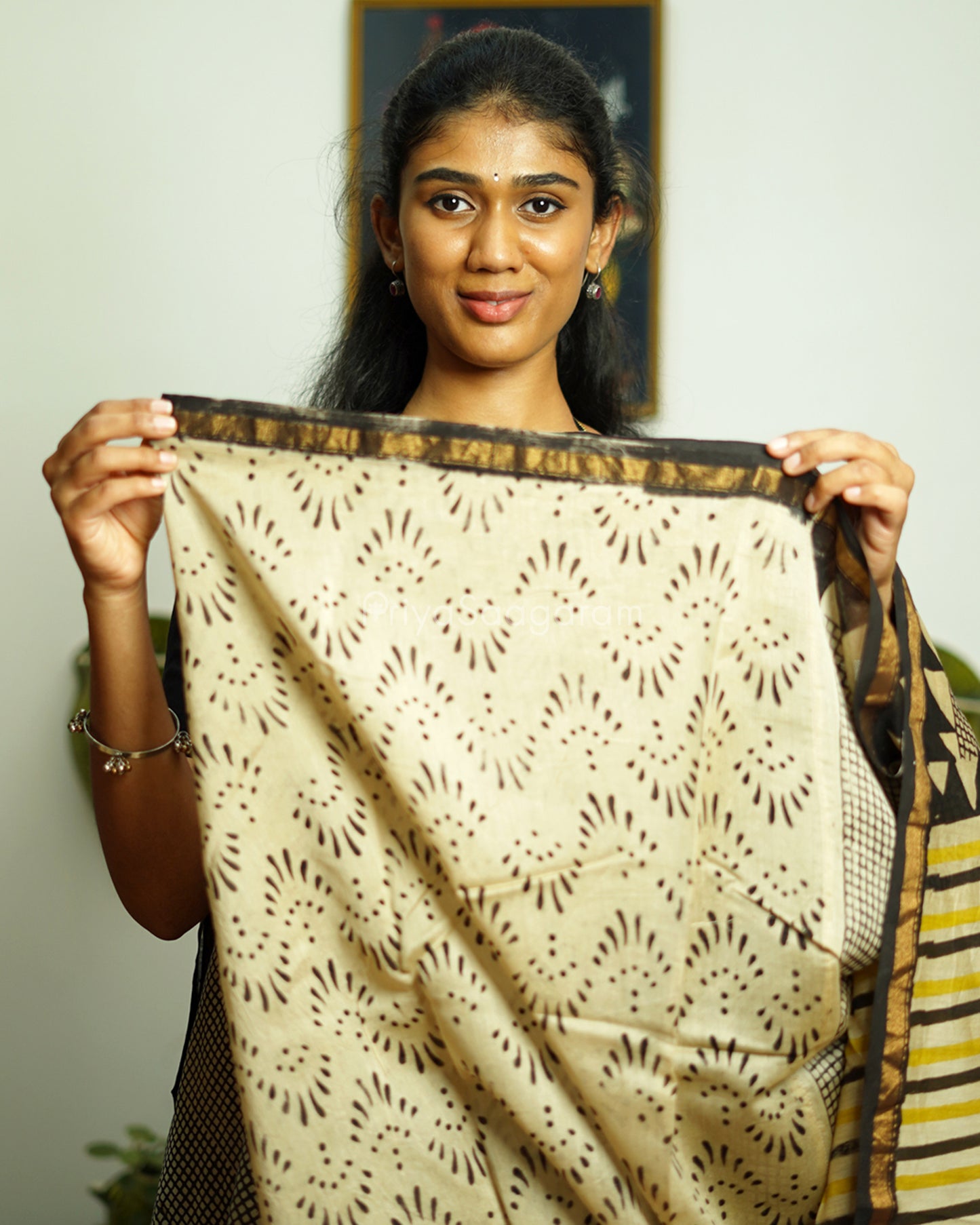 Black Checked Bagru Print Chanderi - PD370