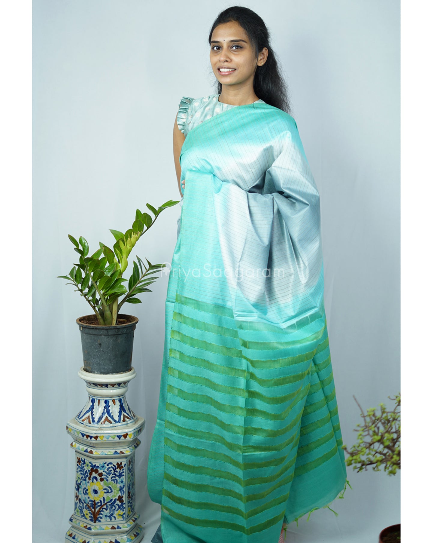 Grey Turquoise Blue Tussar Organza - PD1218