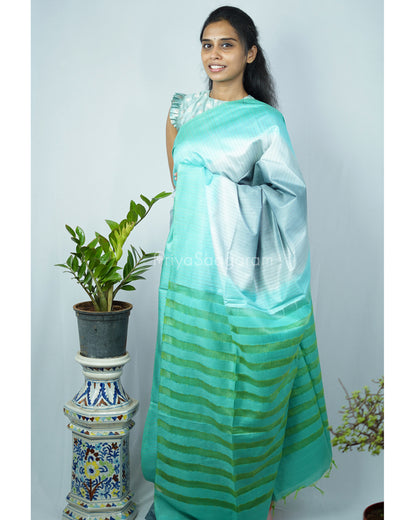 Grey Turquoise Blue Tussar Organza - PD1218