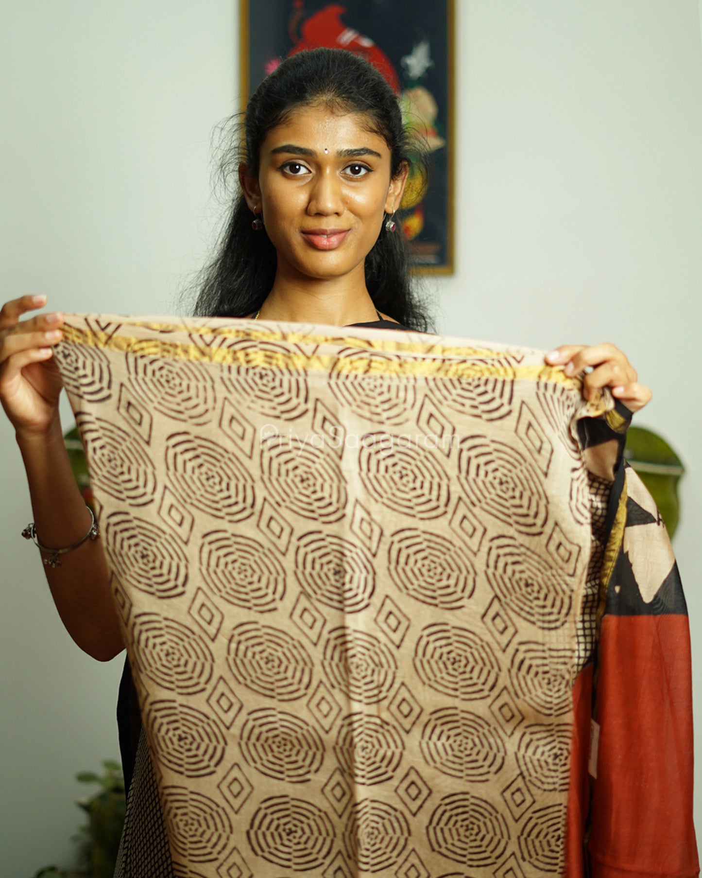 Black Checked Bagru Print Chanderi - PD363