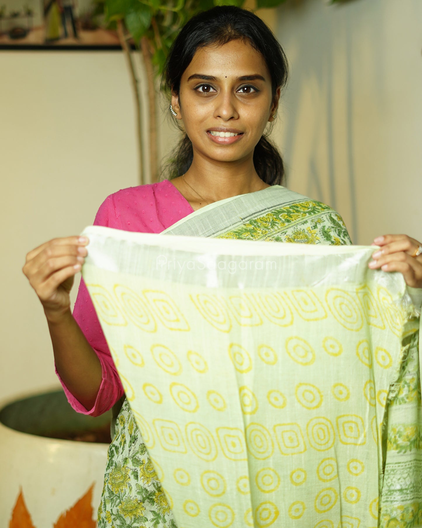 Green Floral Blockprint Linen - PC2751