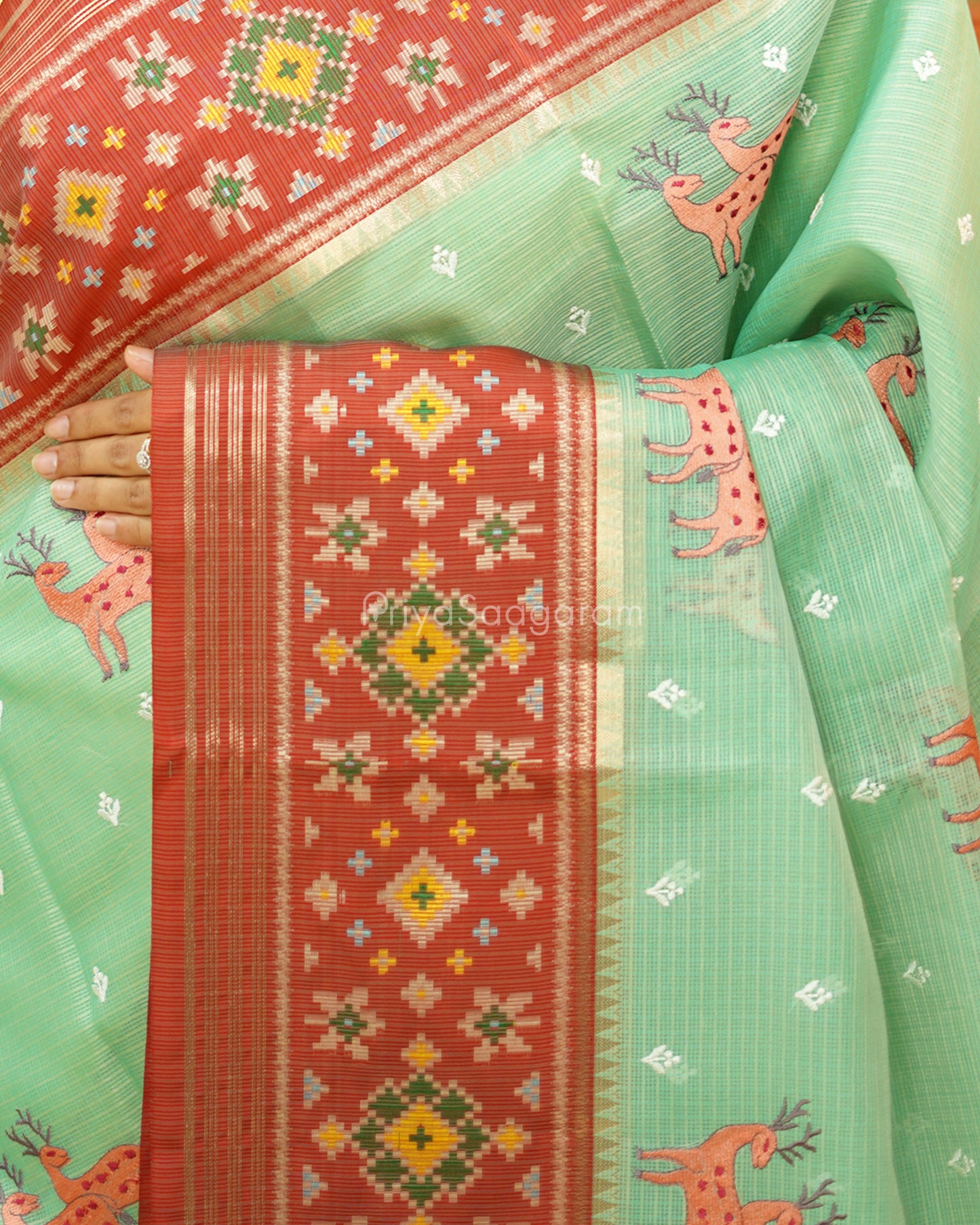 Sea Green Wildlife Embroidery Silk Kota - PD742