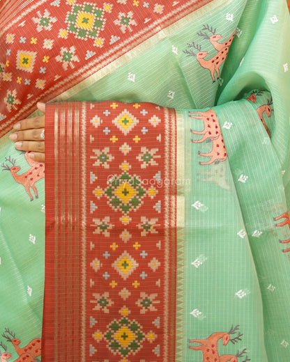 Sea Green Wildlife Embroidery Silk Kota - PD742