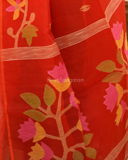 Bright Red Jamdani Muslin Organza - PD256