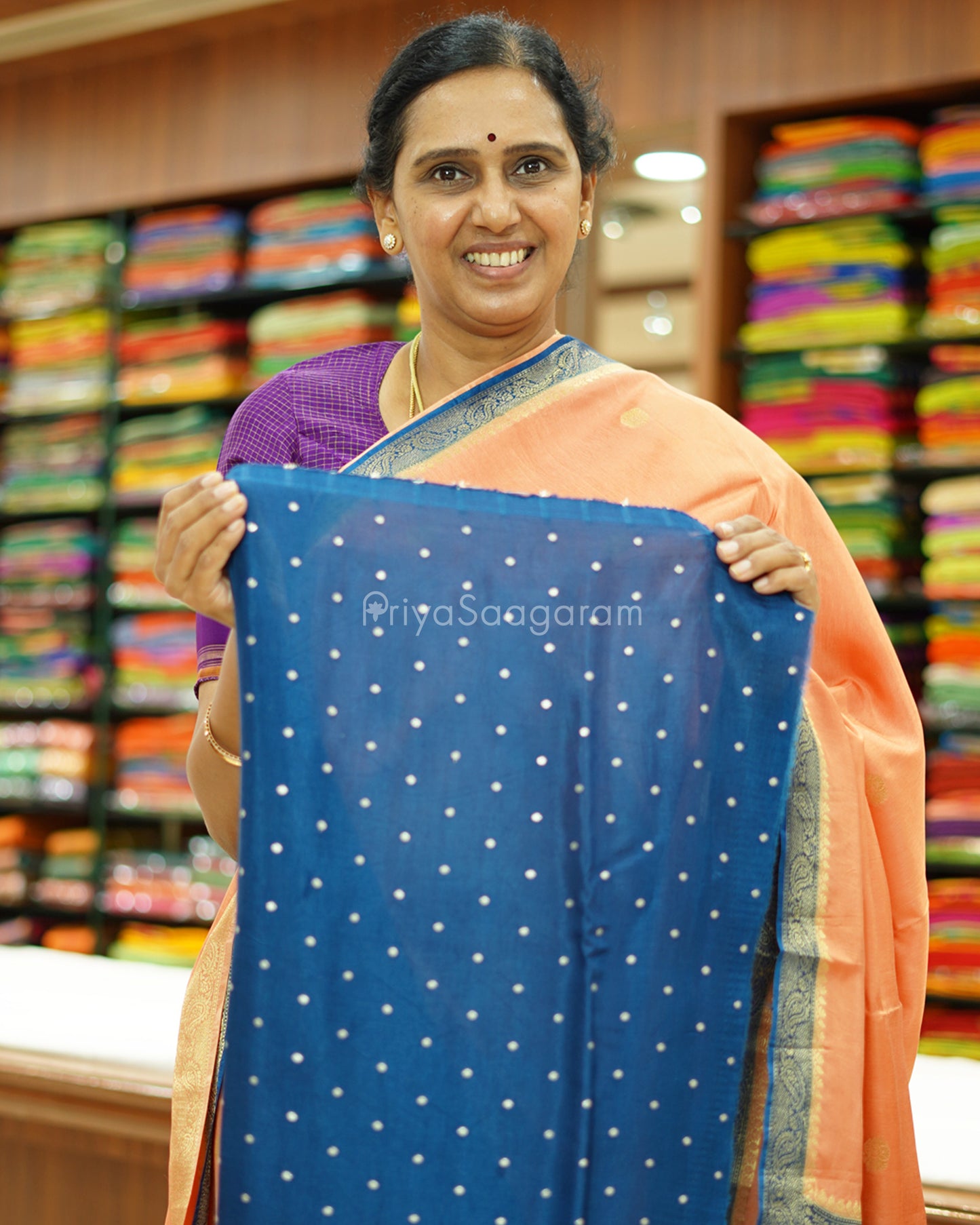 Peach and Blue Chiniya Silk - PD785