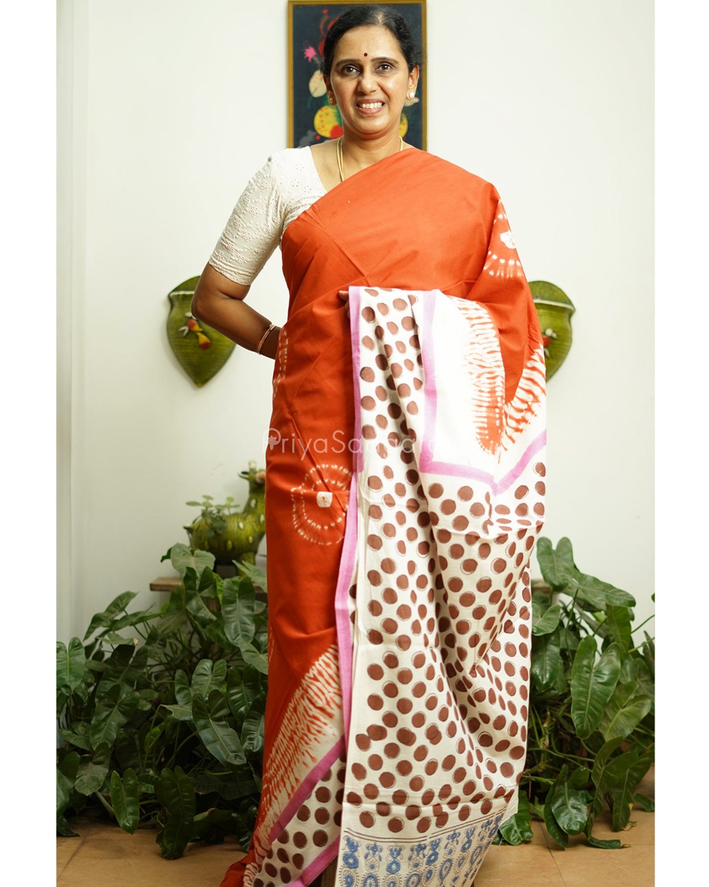 Orange Blockprint Pure Cotton - PD291