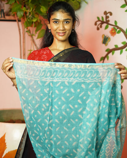 Black Blue Dabu Print Kota Doria - PD321