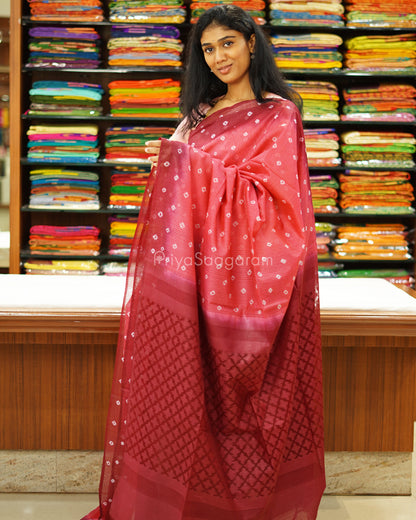 Pink and Maroon Bandhini Tussar Organza - PD1200