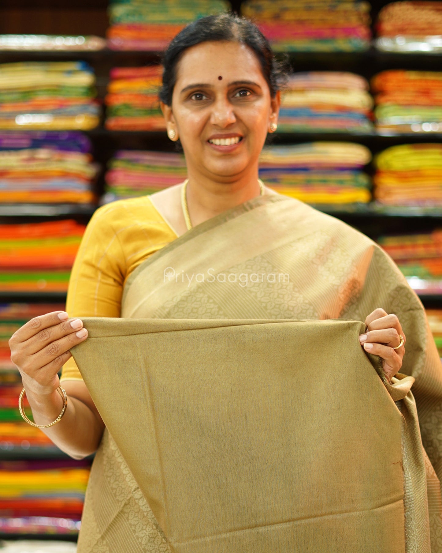 Khaki Mustard Printed Tussar - PD1331