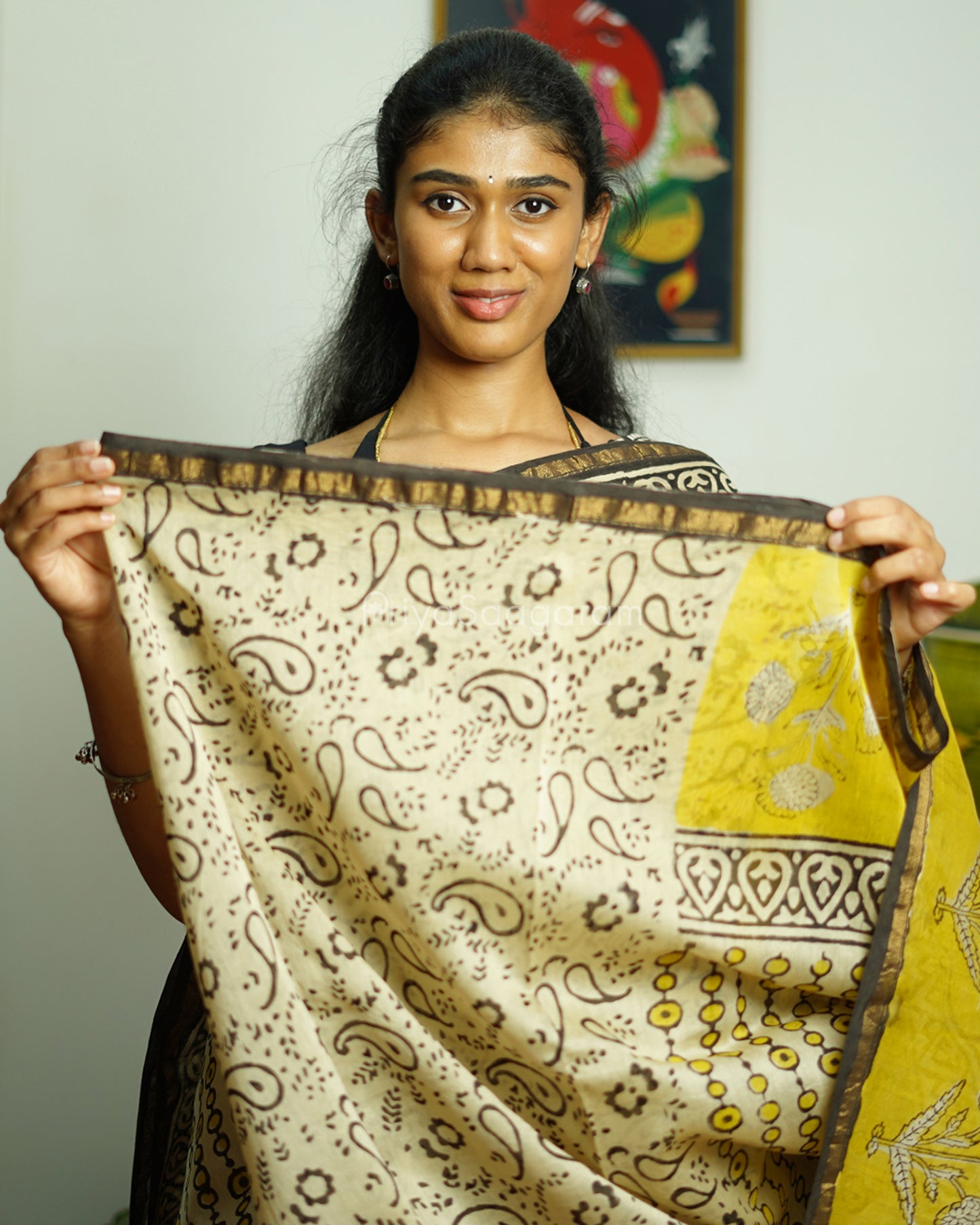 Black Yellow Bagru Print Chanderi - PD366
