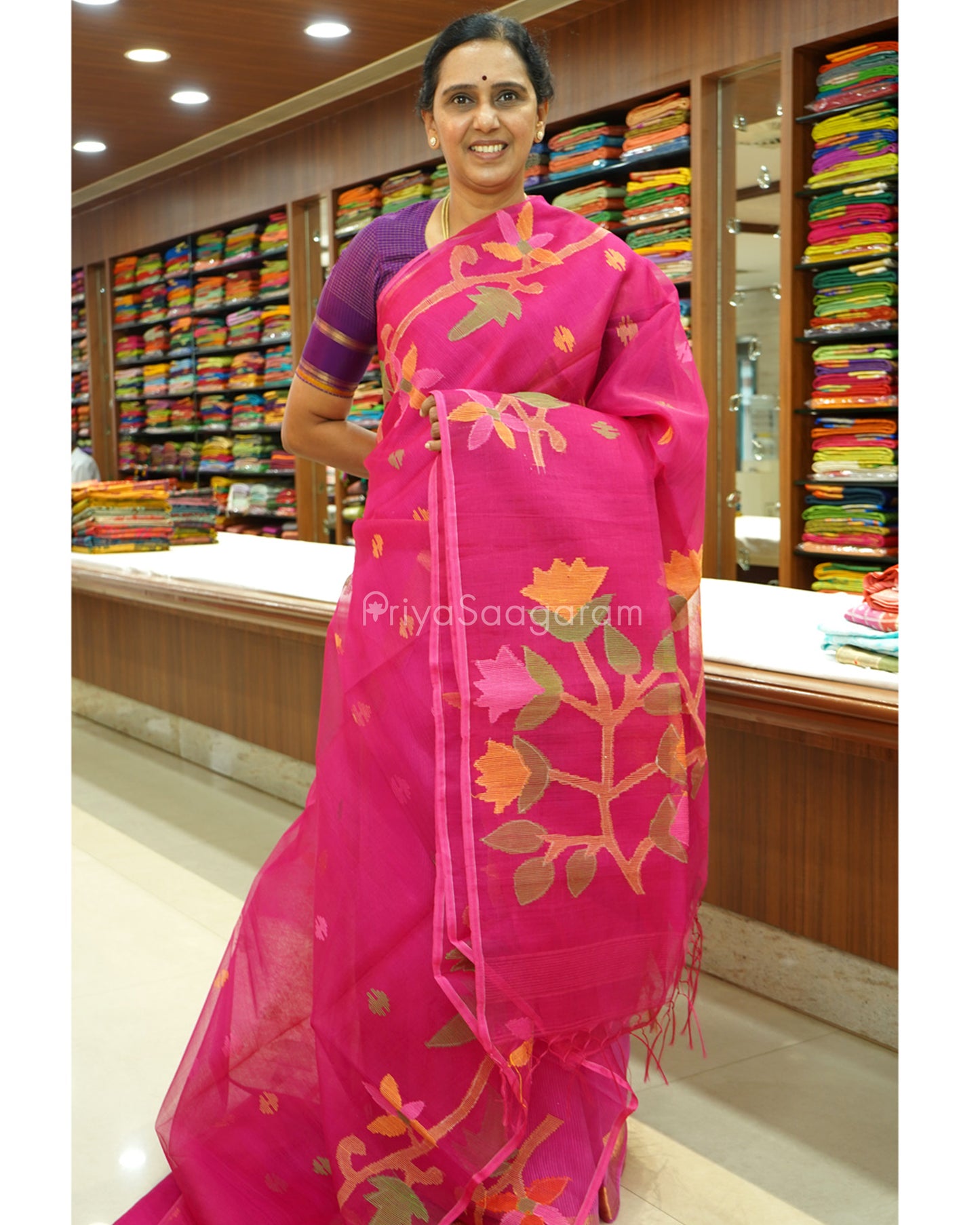 Rani Pink Jamdani Muslin Organza - PD257