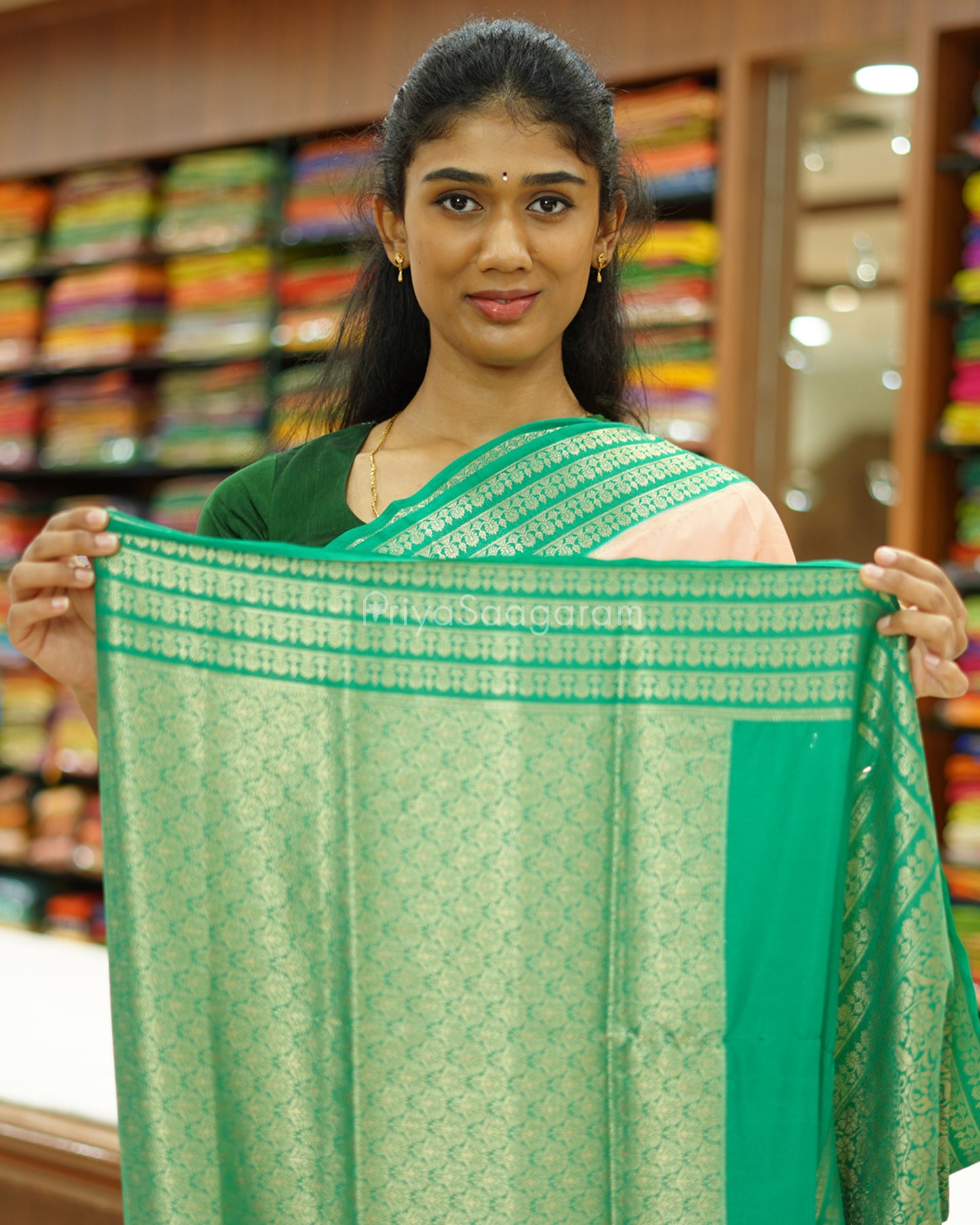 Peach and Green Mysore Silk - PD482