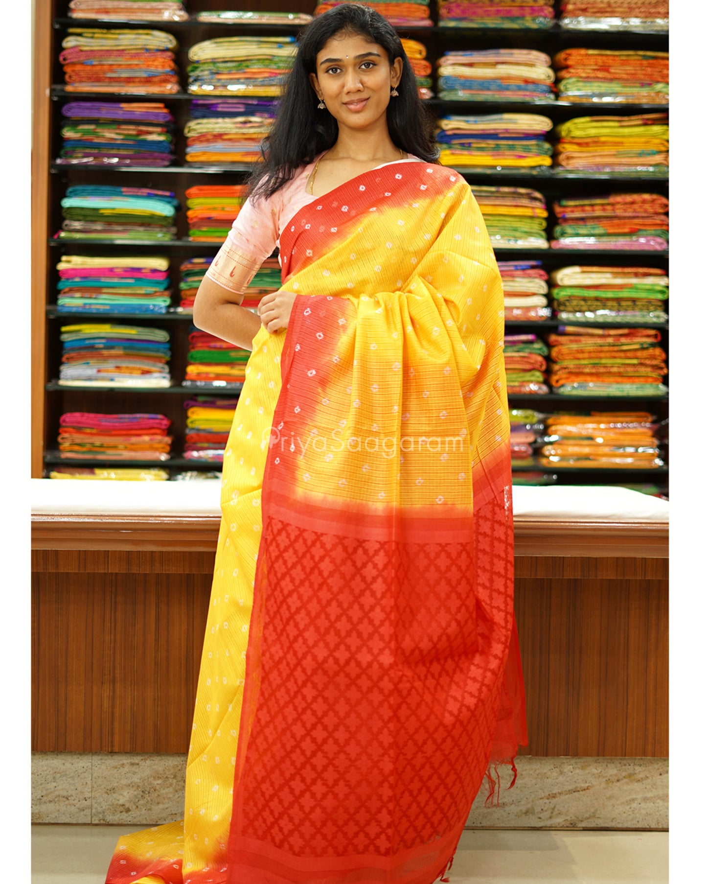 Yellow and Red Bandhini Tussar Organza - PD1199