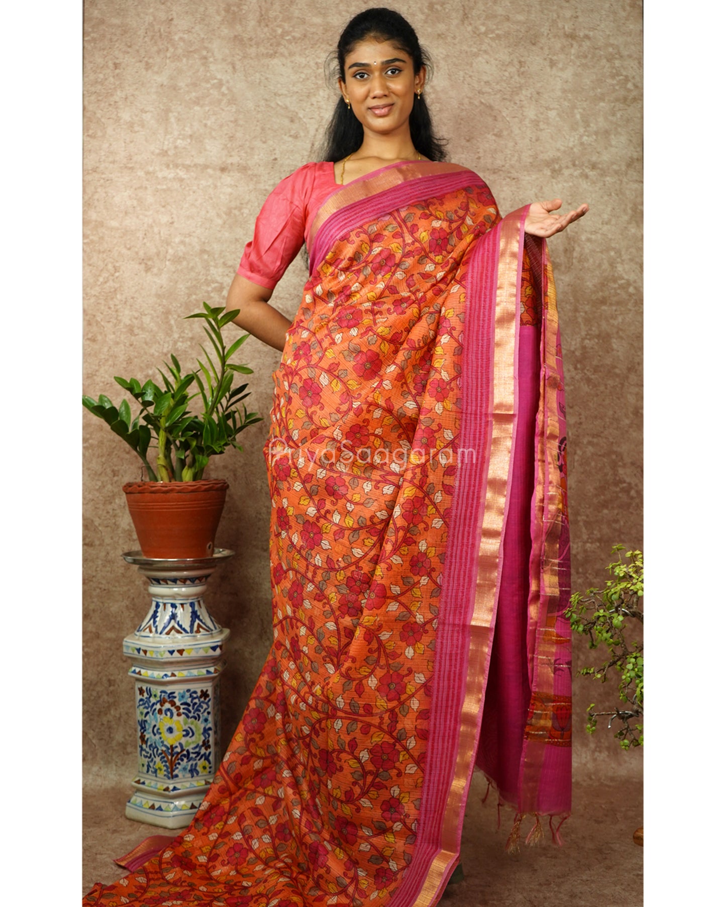 Pink Orange Kalamkari Cotton Kota - PD1406