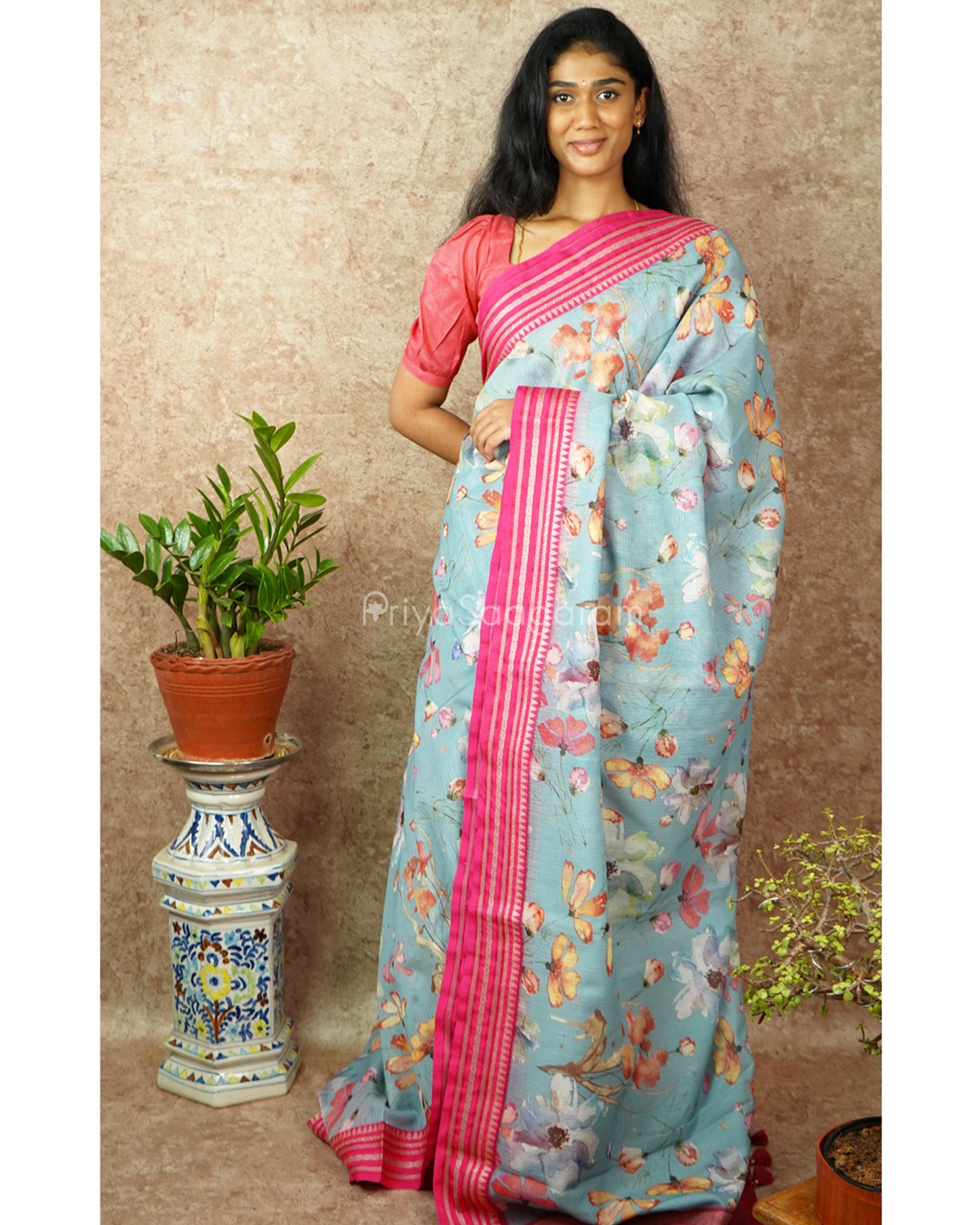 Blue Pink Silk Cotton Kota - PD834