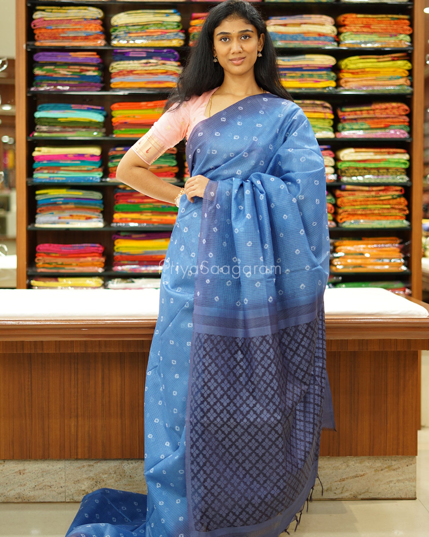 Light and Dark Blue Bandhini Tussar Organza - PD1195