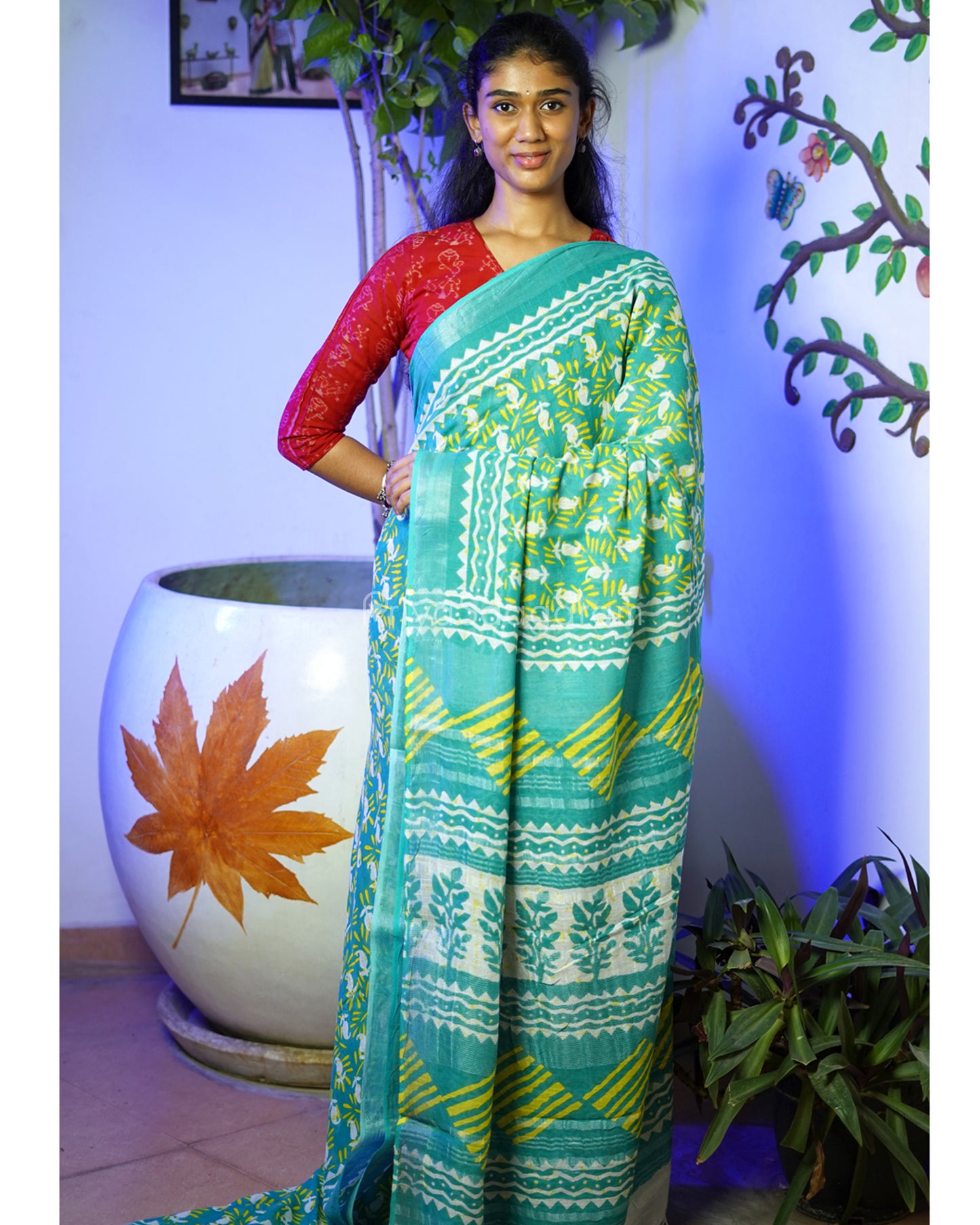 Blue Green Floral Blockprint Linen - PD267