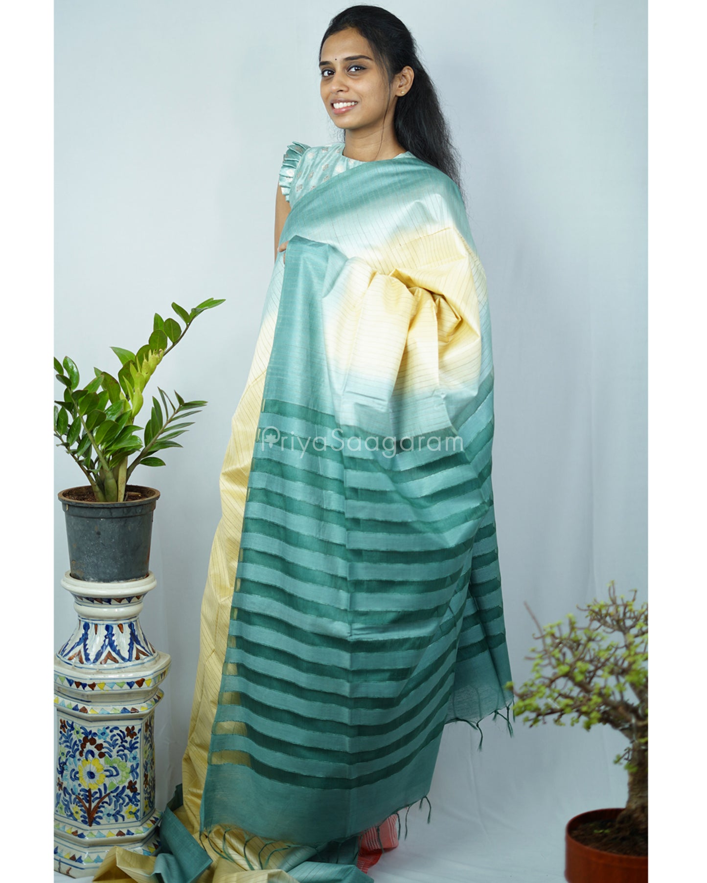 Yellow Green Tussar Organza - PD1217