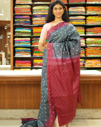 Grey and Maroon Bandhini Tussar Organza - PD1197
