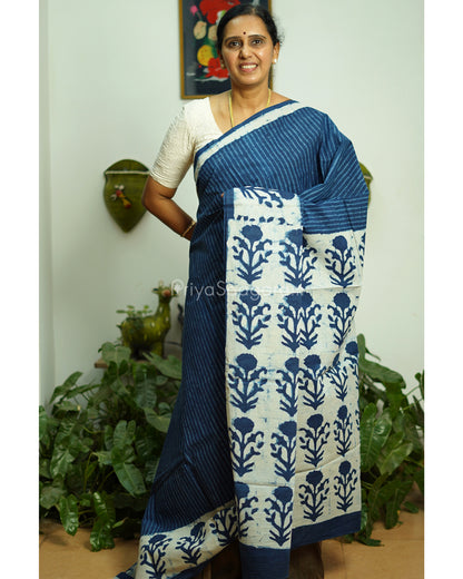 Indigo Striped Blockprint Pure Cotton - PD371