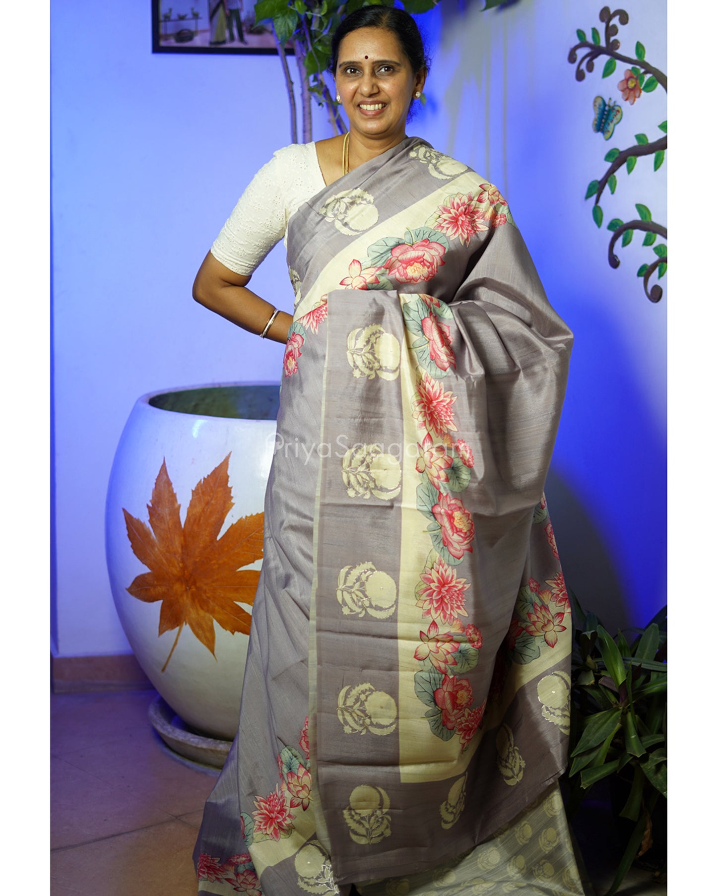 Grey Floral Embroidery Tussar - PD800