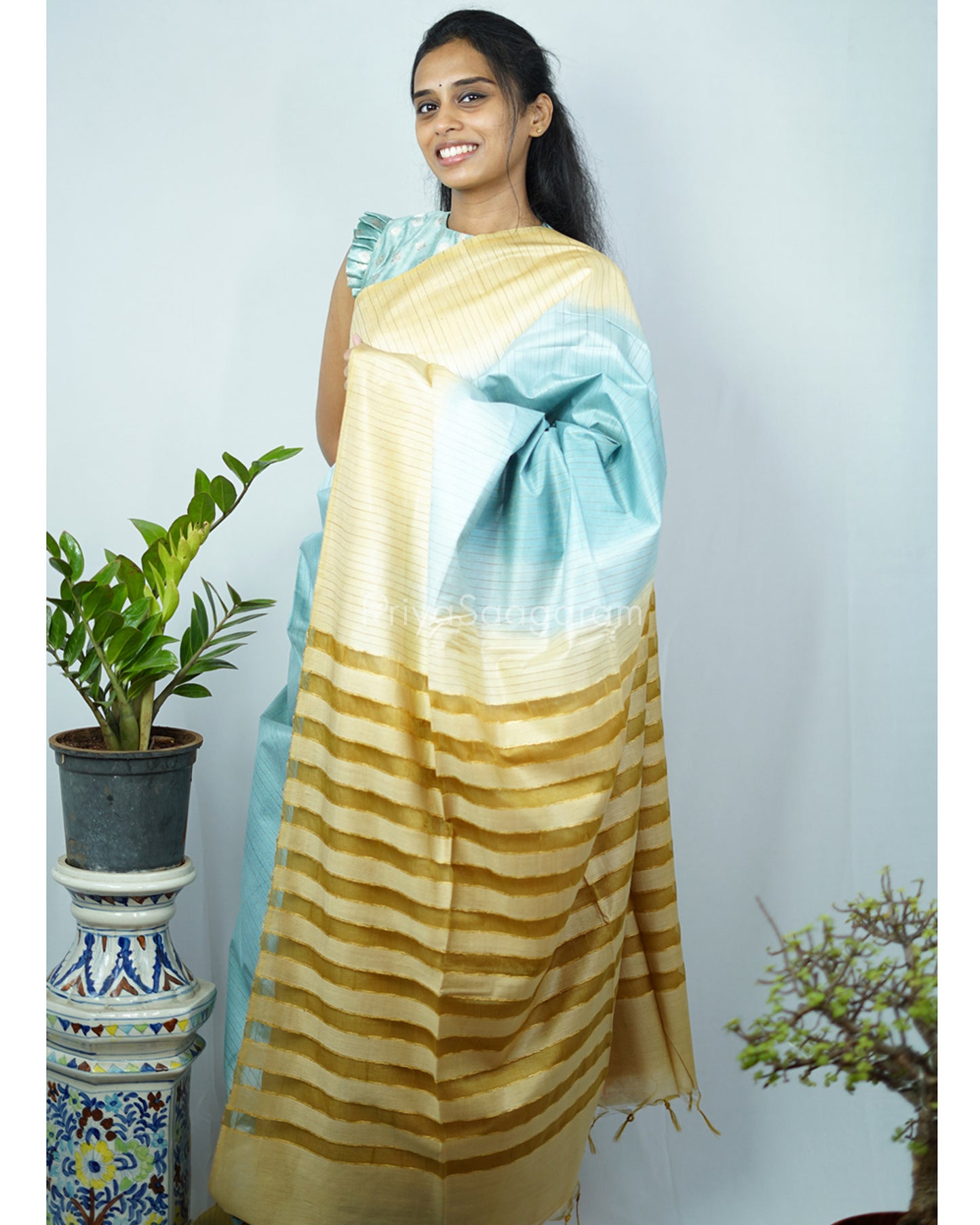 Green Mustard Tussar Organza - PD1222