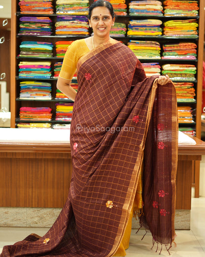 Coffee Brown Checked Embroidery Tussar - PD1351
