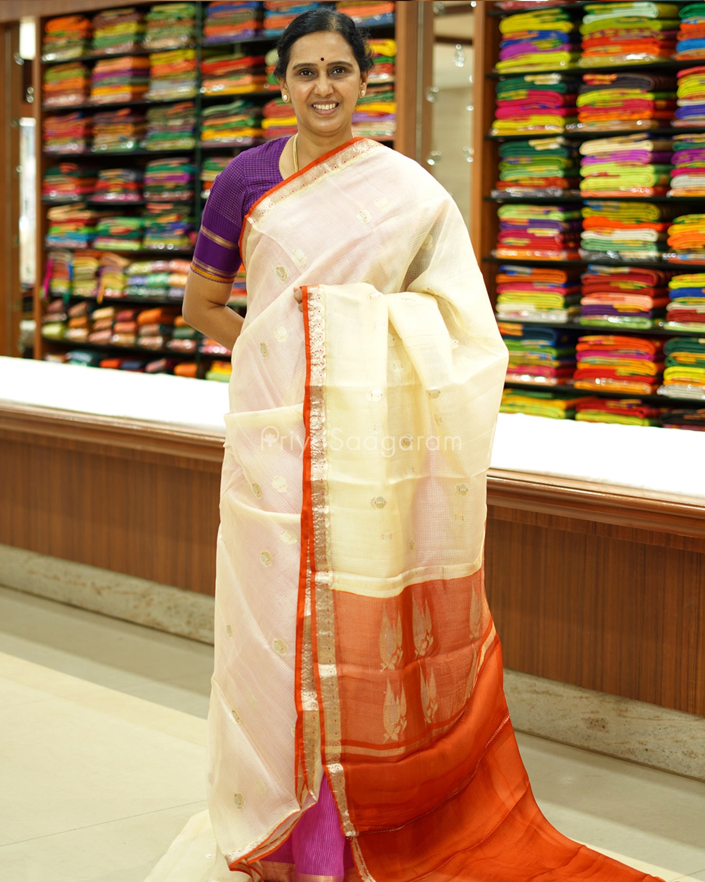 Cream Contrast Orange Silk Kota - PD1052