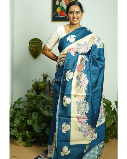 Cobalt Blue Floral Embroidery Tussar - PD799