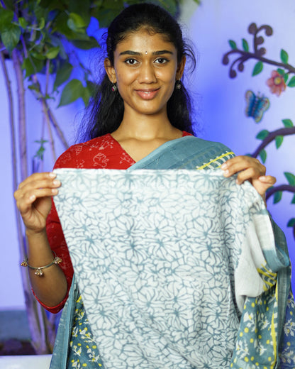 Blue Grey Floral Blockprint Linen - PD264