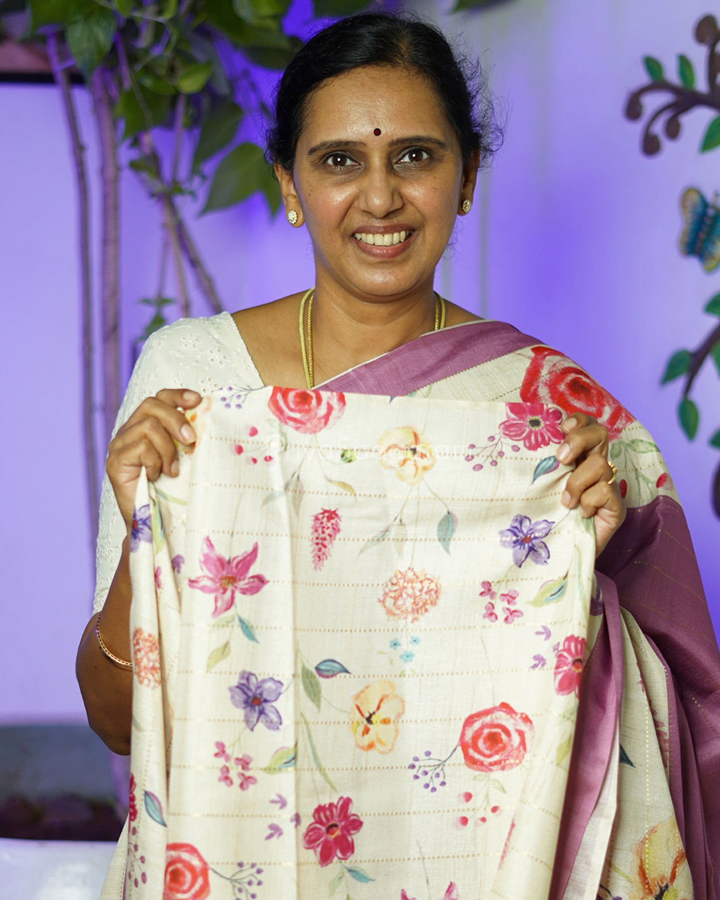 Purple Floral Tussar - PD812