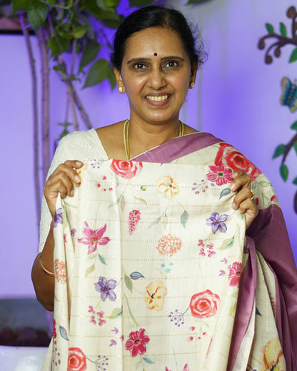 Purple Floral Tussar - PD812