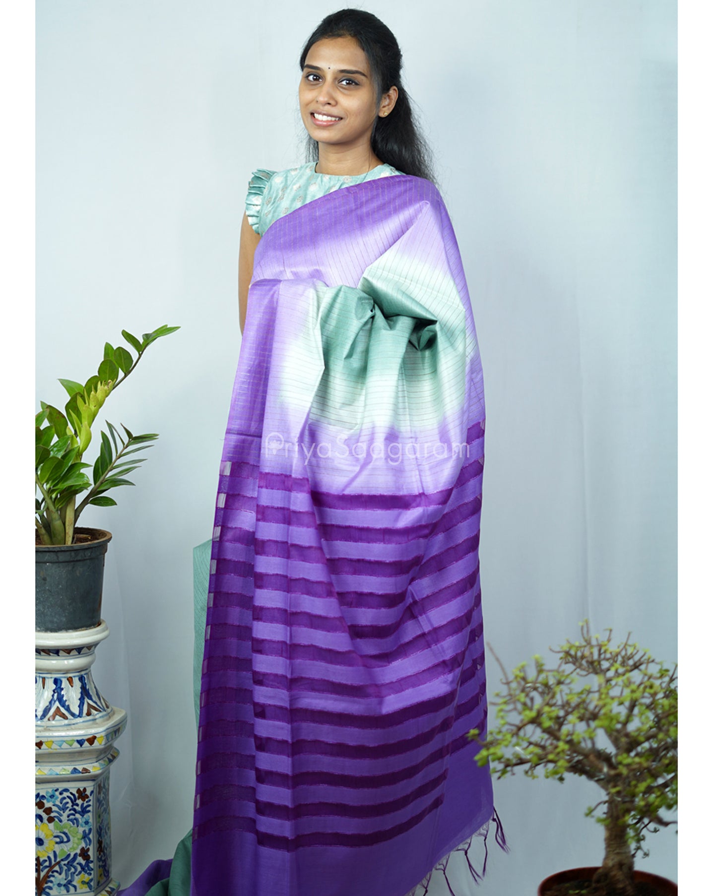 Sea Green Purple Tussar Organza - PD1221